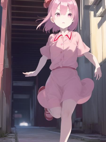 (masterpiece, high quality, novel illustration, game cg, official art), (alley), 1girl, solo, (hsk, remilia scarlet, pink head wear, pink shirt) is (running, fleeing), <lora:hsk03:1>