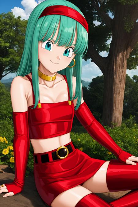 dbgtbra,1girl,solo,aqua hair,straight hair,long hair,aqua eyes,red hairband, red thighhighs,bare shoulders,collarbone,red boots,midriff,shiny,red belt,zettai ryouiki,red crop top,red skirt,thigh boots,red footwear,red tube top,neck ring,yellow choker,red miniskirt,bridal gauntlets,red gauntlets,tube top,leather,