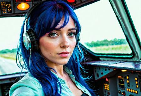 (masterpiece, best quality, realism, HD, highres, high resolution:1.2), extremely detailed, realistic, intricate details, high quality, intricate detail, large complex aerospace digital flight controls, young 20 year old female pilot reaching for overhead switches, detailed realistic hair, thin shoulder length hair, (wavy blue hair:1.4), light summer clothing, joystick, flight yoke, buttons switches and knobs on control panels, (levers:1.25), space view through windows, star field, galaxies, nebulas, dim lighting, bright displays, wide angle photo, digital displays, slide switches, warning lights, Perfect Hands, OverallDetail