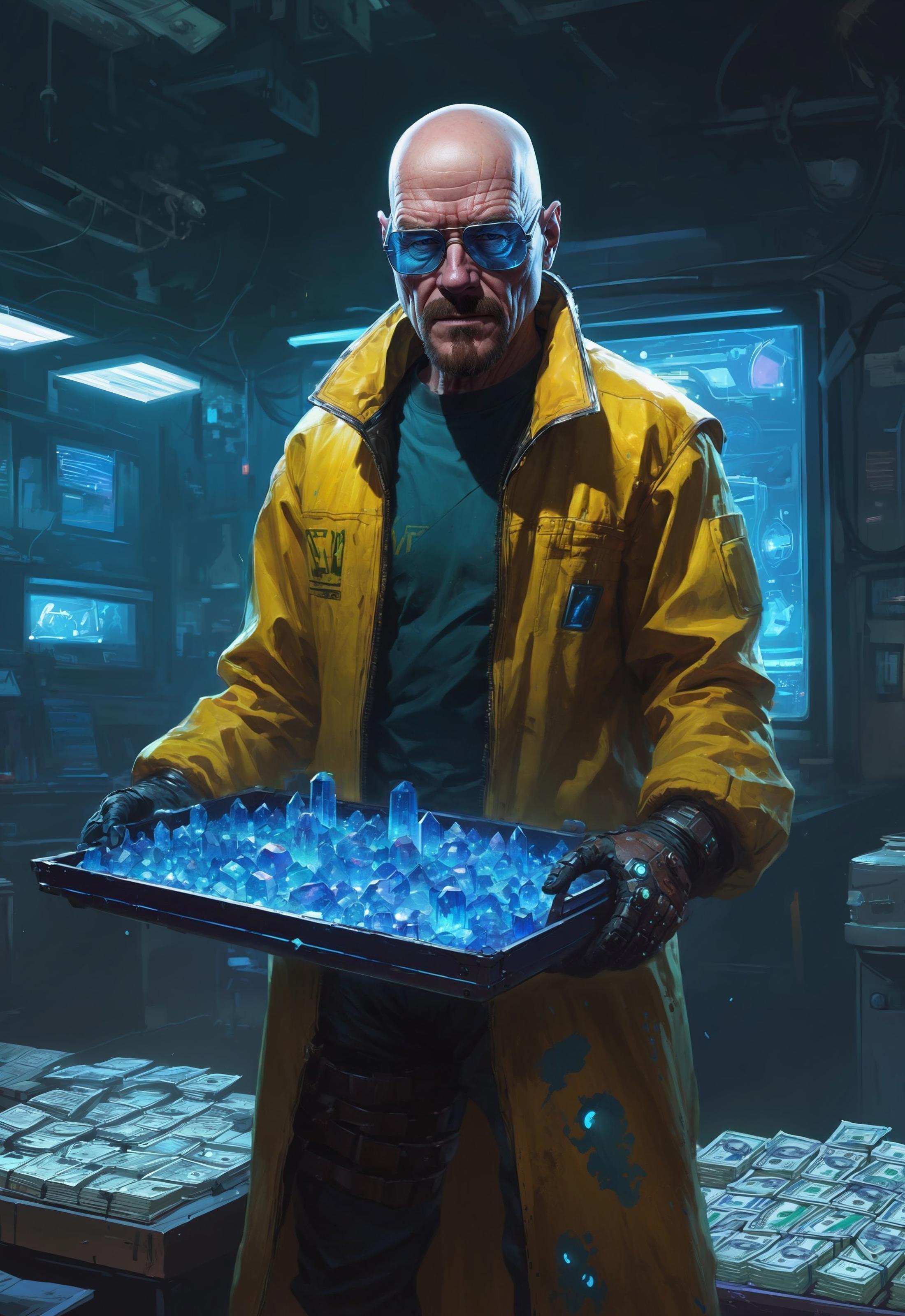 A man in a yellow jacket holding a tray of blue objects.