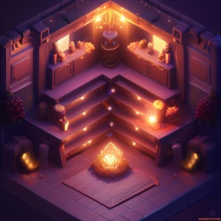 0xisometric, staircase to a portal, glowing yellow, enchanting room, magical, sparkles, luminescent, beautiful