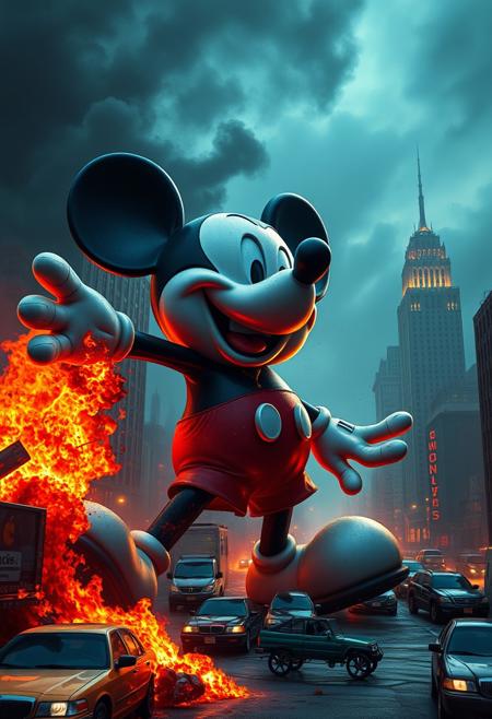 An epic move still, highly detailed, Giant Mickey Mouse destroying the city, breathing fire, crushing cars, eating people, gleeful, happy, evil, pure evil