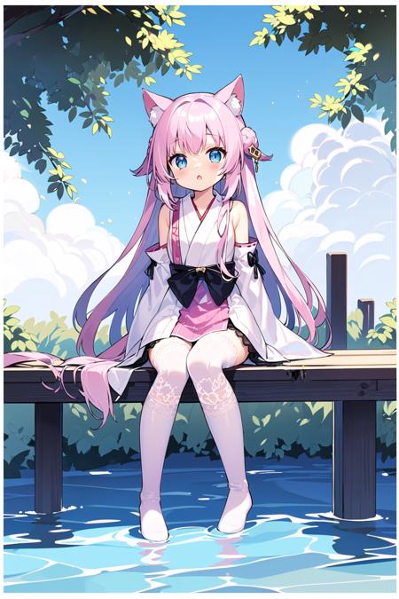 (white background:1.4)
(((mauve:0.2|pink:0.5|legwear|long|lace:1.3))),
high contrast,masterpiece, hime cut, best quality, 
miko, hatsumoude, tree,
full body,aged down,  summer,illustrator,water spring,
1girl, cat girl,no shoes, 
white shirt,shirt,
blue eyes, white hair, long hair