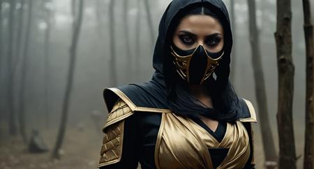 Dark Fantasy Art of (Cinematic Film stock footage style) in (arri alexa style) (Kodak film print style),
 <lora:Mortal Kombat-000003:1>
Scorpion An undead ninja woman in a gold mask and black dress Mortal Kombat Style, dark, moody, dark fantasy style