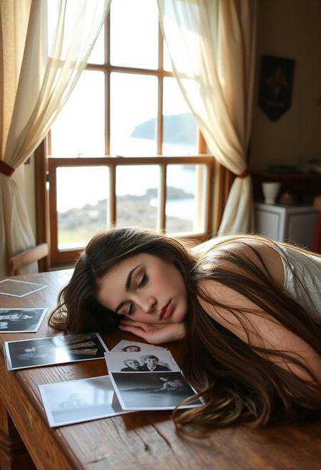 In a cosy rustic house with a window overlooking the coast, is an old oak table, filled with memories and love. The breeze blows the curtains gently, and the sunlight seems to trace its way carefully through the photos. A young woman sleeps resting her head on the table, her hair spread out on the table. (freckles on her nose, long hair, brown hair, expressive blue eyes, soft pale skin.)