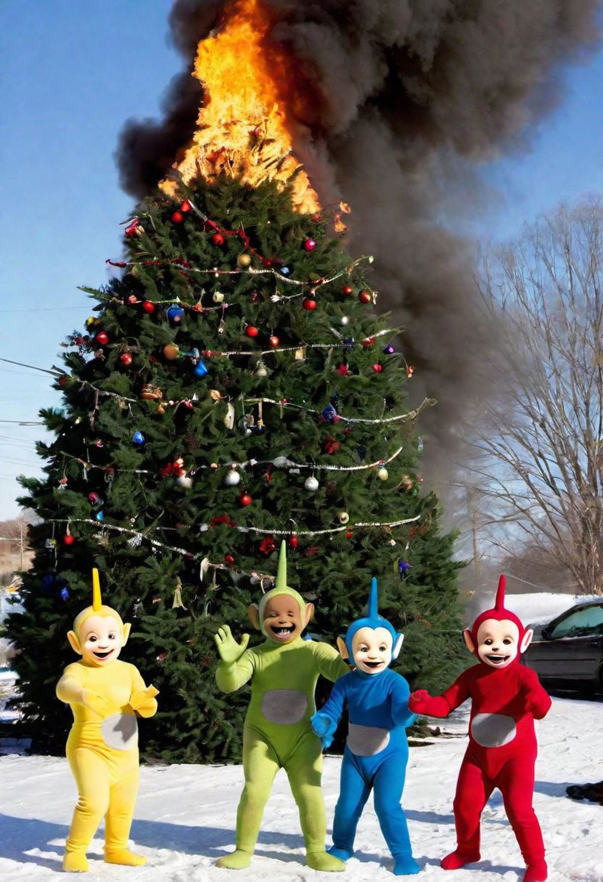 A group of four costumed characters pose in front of a Christmas tree.