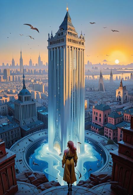 DB4RZ style painting ghiblistyle, A young woman stands on the precipice of a dilapidated high-rise building, her back to the viewer, gazing at a sprawling metropolis bathed in the ethereal glow of a diurnal sun. The camera angle is a vertiginous high-angle shot, emphasizing the dizzying height and the vastness of the city below. The image should evoke a sense of awe, solitude, and the liminal space between destruction and renewal. Render the city with hyperrealistic detail, juxtaposing the crumbling building with the vibrant, bustling city below. The color palette should be rich and saturated, with the warmth of the sun contrasting against the cool blues of the sky and water. Pay particular attention to the play of light and shadow, highlighting the textures of the decaying building and the bustling city. Include numerous birds soaring through the sky, symbolizing hope and freedom. The woman's hair should be slightly windblown, and her posture should convey a sense of contemplative introspection. Many details everywhere. soft shadows. Low saturation colors. Insane quality. Insane resolution. Insane details. Masterpiece, resolution. Dramatic, Dynamic,Cinematic, Sharp details. The painting is in the style of umesky.