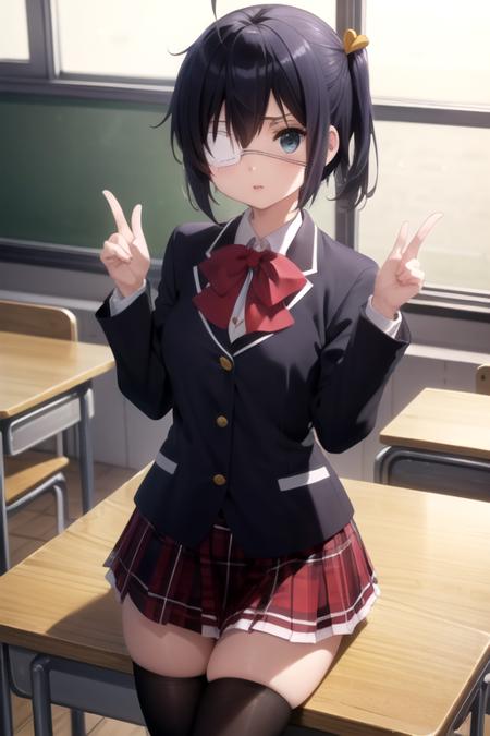 (((picture perfect))), (absurdres), 1girl, solo, <lora:rikka:0.8>, rikka takanashi, eyepatch, school uniform, jacket, plaid skirt, black thighhighs, parted lips, looking at viewer, classroom,