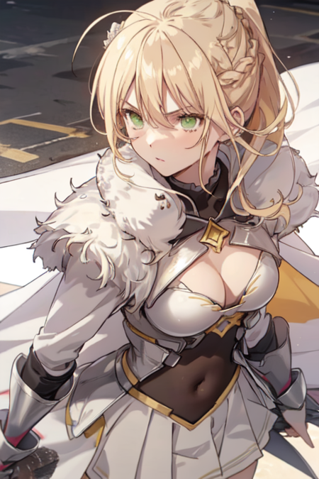 ReannaBrigantia, 1girl, green eyes, solo, blonde hair, ponytail, long hair, covered navel, white cape, ahoge, braid, pleated skirt, white skirt, hair between eyes, cleavage, medium breasts, fur-trimmed cape, armor, breastplate, 