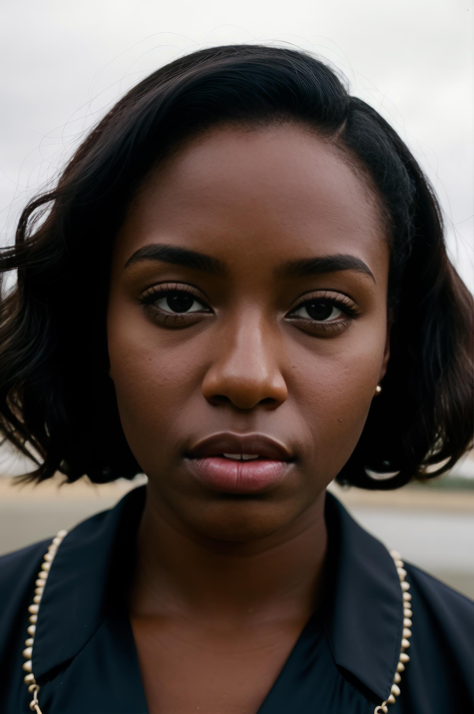 A close-up of a woman with a short haircut, dark skin, and a nose, wearing a black jacket and looking at the camera.