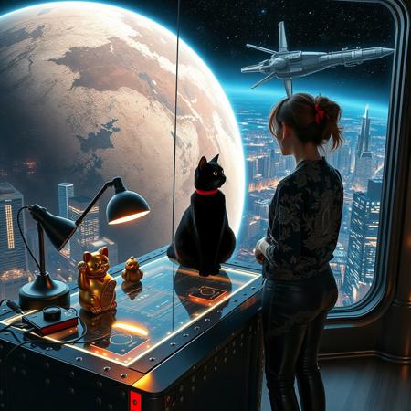 A sleek black cat with red collar sits on a cluttered metal riveted desk with transparent top and micro-LED lighted computer components visible inside, On the desk is a gold and lacquer maneki neko statue and an art deco desk lamp, the Black Cat is looking out of a seamless and futuristic floor to ceiling window that looks out at a planet from low orbit, the planet is covered with the lights of enormous buildings and cities, (((a beautiful woman, 24 years old, is standing next to the desk the cat is sitting on and looking longingly out the window, the woman is dressed in an ornate Japanese style shirt and tight leather pants with an ornate design. An enormous deco starship with futuristic lighting and an enormous space station are visible in the background among the stars, The woman's hair is messy from just waking up and tied up with a ribbon.  Artistic cyberpunk, dynamic perspective, (((overall architectural aesthetic is Art Deco Cyberpunk))).  Epic image that elicits a feeling of wonder and awe,