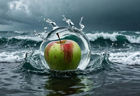 Stable_Yogis_PDXL_Positives
 Imagine a photograph capturing an extraordinary and surreal subject: a transparent apple, crystal clear and perfectly formed, revealing a highly detailed, tumultuous miniature sea raging within. The apple sits boldly in the center of the frame, its smooth, glass-like surface reflecting light and offering a window into the dynamic scene inside. Within, the stormy sea is a marvel of miniaturization - tiny waves crest and crash with realistic ferocity, and if one looks closely, minute flashes of lightning and swirls of wind can be discerned, adding to the tempest's drama. The background of the photo is intentionally simple, perhaps a soft, neutral color or a subtle gradient, ensuring that all attention is drawn to the striking contrast between the serene exterior of the apple and the wild, chaotic seascape it contains. The lighting is key, illuminating the apple in a way that highlights the intricate details of the storm inside while maintaining the overall clarity and impact of the image.