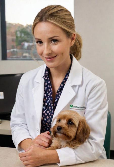 Veterinary clinic, Canadian veterinarian, 35 years old, nurturing face, attending to animals in a bustling Toronto animal clinic.  examining a small dog, long and honey-blonde hair, ineat bun. Her eyes, warm and empathetic, her lips curved in a soothing, engaging smile.
slender, nurturing build. (crisp, fitted lab coat) over a (light, patterned blouse) and (comfortable slacks), her outfit is both professional and subtly charming. 
 8k uhd, dslr, soft lighting, film grain, Fujifilm XT3, high quality photography, 3 point lighting, flash with softbox, (Highest Quality, masterpiece, Amazing Details:1.1), cinematic, 8k, (goosebumps:0.5), subsurface scattering, ((skin pores)), (detailed skin texture), (( textured skin)), realistic dull (skin noise)