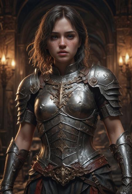 High resolution ultra-realistic of Beautiful Warrior Joan of Arc, 8k, capturing the intensity of the moment, cinematic lighting, standing on a bloody and stormy battlefield in bloody battle, wavy black hair, realistic dirty pale face, realistic brown eyes,  beautiful hourglass figure, burning in a medieval Town, intricately designed iron and silver armor, Dark Ages Aesthetic, perfect athletic figure, beautiful Warrior Joan of Arc, fire, ultra realistic, cinematic style, vigorous and seductive, athletic figure, dark fantasy, dramatic lighting, wet and sweaty skin, dirty skin, athletic figure, dark fantasy, dramatic lighting, Greg Rutkowski style,, Warrior Joan of Arc on in iron armor, hyper-detailed, hyper-realistic, bright colours, Attractive 21 old years girl, Attractive, beautiful firm Breasts, sharp focus, digital painting, Photograph Taken on Nikon D750, Alphonse Mucha, 8K, athletic figure, Hyperdetailed, hyperrealism, Attractive, Attractive bust girl, asymmetric balance