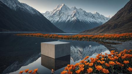 
Tranquil Landscape with Modern Architecture
Serene landscape with a concrete cube, orange flowers, and snow-capped mountains reflecting in calm water