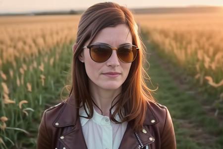 a selfie photo of (debramorgan:0.9) a woman with sunglasses  in the middle of a field, wearing a brown leather jacket with white shirt with tan pants looking far away side pose cinematic lighting, dramatic hard lighting, cinematic fast blurred, blurred background, cinematic soft focus , Sony a7III 85mm f/1.8 , 8K , Best quality art by  (tru-det00:0.8)