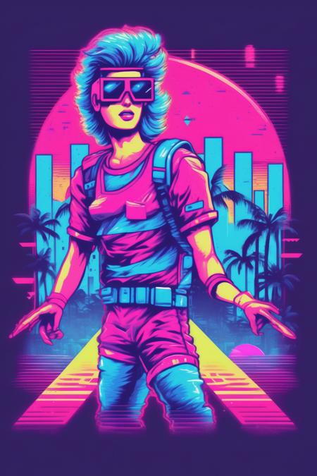 <lora:Synthwave T-shirt:1>Synthwave T-shirt - A t-shirt design featuring a retro video game character or symbol in a neon-colored, pixelated style. The design should have a playful and nostalgic mood, with a vintage 80s or 90s vibe