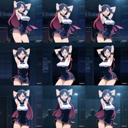 frame grid, 1girl, arms up, multiple views,arms behind head,