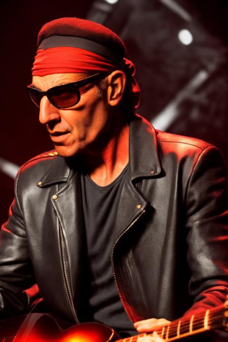 portrait of sks man (skai:1) in the street with a black leather jacket with dark glasses and red headscarf and a guitar in the hands, very detailed face, high quality, in the night, 8k  <lora:skai:1>