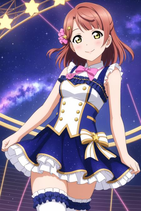 ayumu uehara pink hair, hair ornament, yellow eyes, single side bun