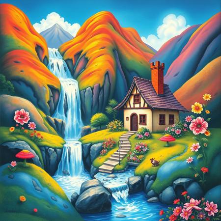 A whimsical airbrush painting of a quaint house nestled beside a cascading waterfall, surrounded by vibrant hills adorned with mythical flowers in a 1970s fantasy art style