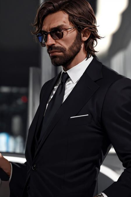 photo of  person,  male,  shritless, sunglasses,  suit,  shirt,  tie,  medium shot,  beard,  brown eye,  masterpiece,  highres,  sharp focus,  cinematic lighting,  detailed face,  detailed eyes, <lora:EMS-45190-EMS:0.900000>