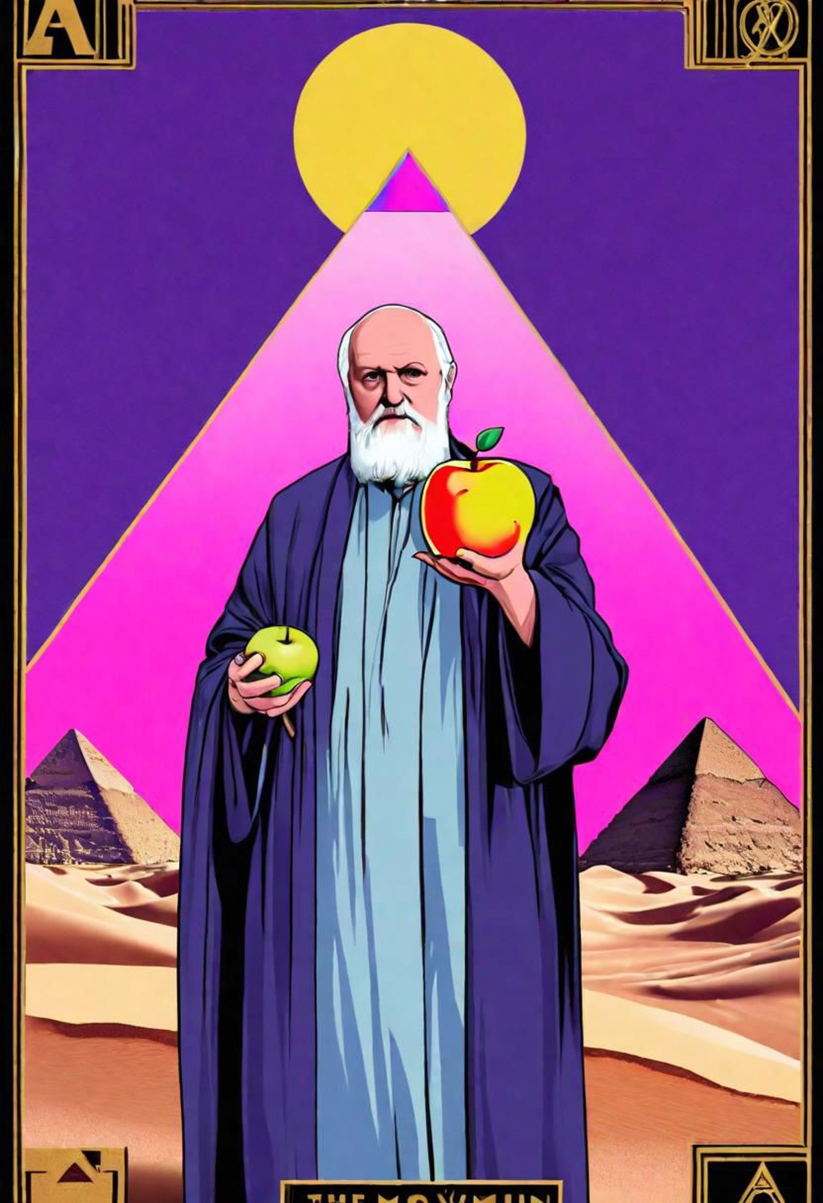 Tarot card design for the magician card with Robert Anton Wilson wearing wizard robes holding a magic wand in one hand and...