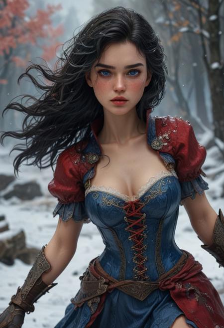 High resolution ultra-realistic of Beautiful Snow White warrior, Fantasy style, 8k, capturing the intensity of the moment, dramatic lighting, standing on a bloody and stormy battlefield in a fighting pose, fire, intricately designed iron armor, red skirt, perfect athletic figure, beautiful Warrior Swow White, fire, dirty face, ultra realistic, cinematic style, athletic figure, dark fantasy, covered in dirty and blood, cinematic colors Lighting, extremely detailed, 8K, wavy black hair, realistic dirty bloody pale face, realistic blue eyes, beautiful Snow White on in cool iron armor, hyper-detailed, hyper-realistic, bright colours, Attractive 21 old years girl, Attractive, beautiful firm Breasts, sharp focus, digital painting, Photograph Taken on Nikon D750, Alphonse Mucha, 8K, athletic figure, Hyperdetailed, hyperrealism, Attractive, Attractive bust girl, asymmetric balance