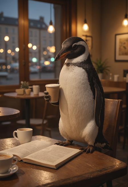 Cinematic photo of an anthropomorphic penguin sitting in a cafe reading a book and having a coffee.
bokeh,f1.4,40mm,photorealistic,raw,8k,textured skin,skin pores,intricate details,<lora:epi_noiseoffset2:1>,<lora:crowd_notrigger:1>,BeyondSDXLv3,<lora:bright_blue_eyes:1>,, ultra quality, ultra detailed, intricate details, 8k, hdr, epic realistic, tilt-shift, Bokeh, dramatic light, dynamic lighting, golden hour, moody lighting, night time, shadow, award-winning, ultrarealistic, octane<lora:WildcardX-XL-Detail-Enhancer:1><lora:WildcardX-XL-Detail-Enhancer:1><lora:WildcardX-XL-Detail-Enhancer:1><lora:WildcardX-XL-Detail-Enhancer:1>