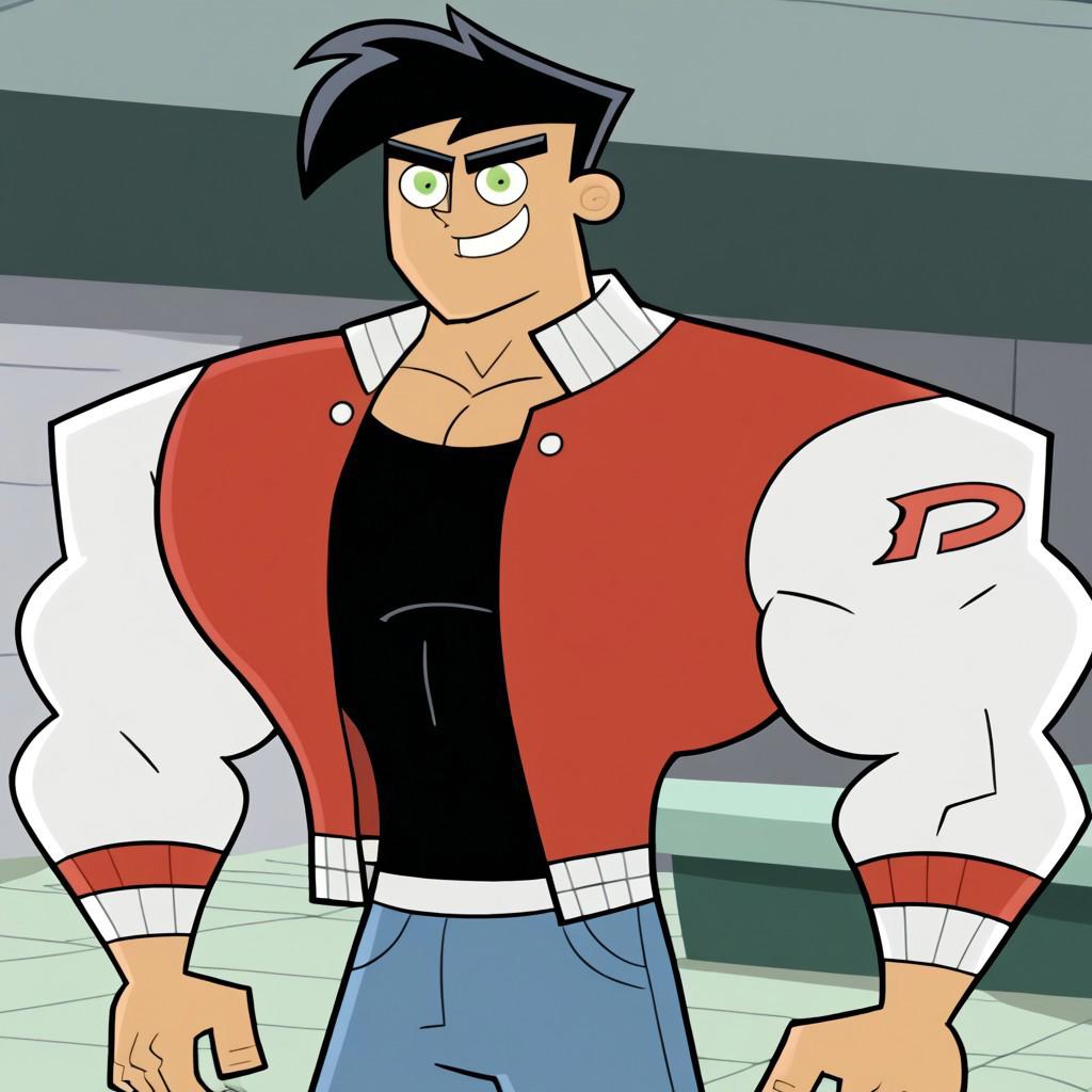 danny fenton,black hair,short hair,muscular, muscular male,confident smile,open red varsity jacket, white sleeves, black undershirt,blue jeans