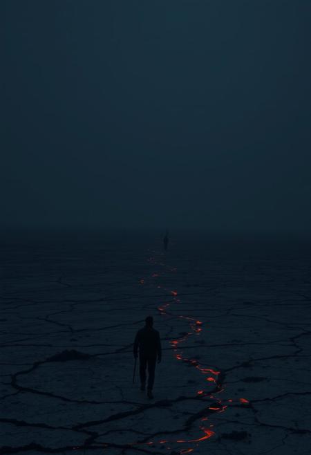 Dark horror themed image of an endless featureless landscape without light of any kind. The ground is bare and burns the feet of those stranded there by its salt and acidity. It is cold and dark. Everyone feels endless hunger, thirst, cold, fear, tiredness, and aches from the lack of joy. Always on the distant unseen horizon the denizens of this purgatory can hear the howls of the emotionally tortured that know they will never be free of this abandonment. The endless nothing is only ended by the willing sacrifice to be consumed by the great roiling evil that waits for the damned to be exhausted. wandering people driven mad