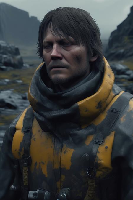 <lora:Death Stranding:1>Death Stranding - Death Stranding, the enigmatic and haunting video game, comes to life in a vivid and immersive portrayal. Inspired by the unique and atmospheric world of the game, this concept captures the essence of its post-apocalyptic setting and the emotional journey undertaken by its characters. The protagonist, Sam Porter Bridges, stands against a desolate landscape, marked by rugged terrain and remnants of a fractured society. He is adorned in his iconic porter suit, a blend of futuristic technology and rugged survival gear, reflecting the resilience and resourcefulness required in this dystopian world. Camera Settings: Perspective: Wide shots that encompass the vastness of the landscape, showcasing the isolation and solitude experienced by Sam Porter Bridges in his journey. Lighting: Atmospheric and moody lighting that casts long shadows and plays with contrasting tones, capturing the eerie beauty of the desolate world. Background: A decaying and desolate environment, with dilapidated structures, overgrown vegetation, and haunting remnants of the past, symbolizing the aftermath of the cataclysmic events in Death Stranding. Midjourney Parameters: Style: A fusion of mystery, science fiction, and survival, capturing the unique atmosphere and storytelling elements that define Death Stranding. Color Palette: A blend of desaturated tones with occasional pops of vibrant colors, reflecting the juxtaposition between the desolation and moments of hope within the game's world. Composition: Emphasis on the vast landscapes, showcasing the scale and depth of the environments, as well as close-up shots that reveal the emotions and details of the characters. Detail Level: High detail level, highlighting the intricate design of Sam's porter suit, the weathered textures of the environment, and the delicate nuances of facial expressions. Mood: Mysterious, melancholic, and introspective, capturing the sense of existential dread and emotional depth that permeates the narrative of Death Stranding.