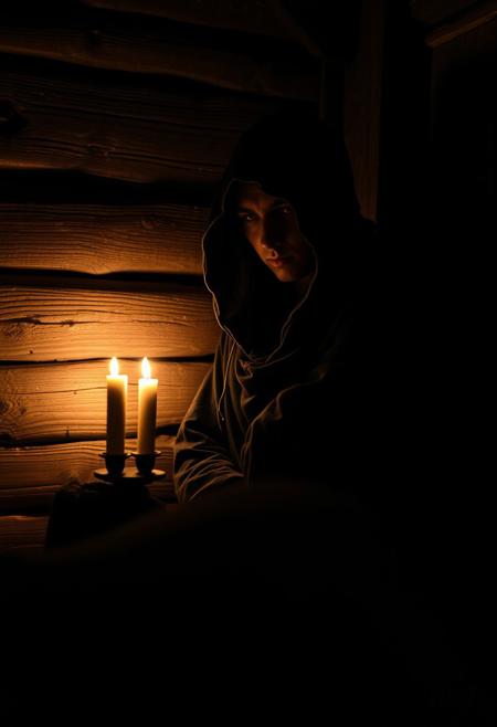 “A shadowy figure lurks in the dimly lit corner of an old wooden cabin, their face partially obscured by a tattered hood. Flickering candlelight casts long, eerie shadows across the rough-hewn walls, highlighting the gleam of watchful eyes. Their posture is tense, hands hidden beneath a weathered cloak, as if concealing something. The air is thick with mystery and unease, the scent of damp wood and aged parchment filling the room. Outside, the wind howls through the trees, masking any whispered secrets they might be keeping.”