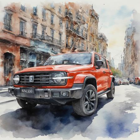 Watercolor painting gwm txxx 300, complete car, closeup,  driving in the city, vignette . Vibrant, beautiful, painterly, detailed, textural, artistic