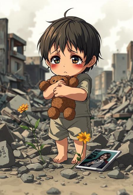 In anime style
A tearful child,  clutches a worn teddy bear tightly, standing alone in the rubble of a war-torn city. Soft natural lighting highlights the child's expression of fear and confusion. The background shows collapsed buildings, smoke rising in the distance. A single flower grows through the debris near the child's bare feet. The child's clothes are tattered and dirty. A discarded family photo lies partially visible in the rubble nearby. The sky is a somber gray. Captured with a high-end digital camera, shallow depth of field focusing on the child's eyes, high detail and resolution, muted color palette except for the bright flower and the child's eyes. emotional impact, raw and unposed.