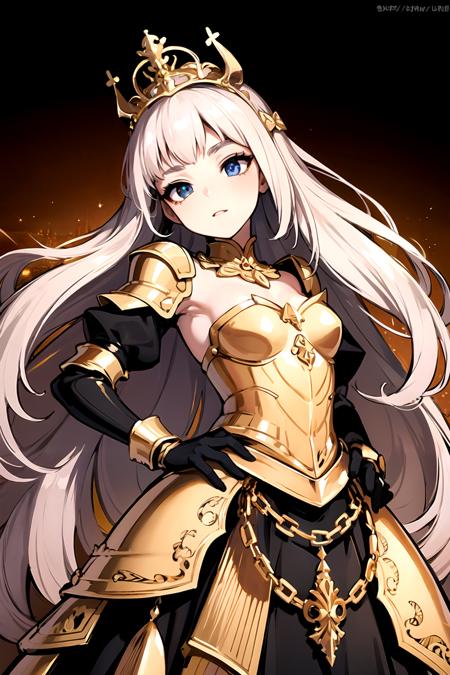 (style-princess:0.5), beautiful girl, small breasts, 1girl, ((armor)) armor princess, (vivid black and gold), ((castle)), slim, (tiara) masterpiece, high contrast, hyper detailed, best quality, ultra high res, high resolution, detailed,