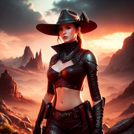 an attractive woman [gunslinger:bounty hunter:0.4] standing in a fantasy wilderness (alientv style:1) <lora:djzAlienTV_LB2:0.8>