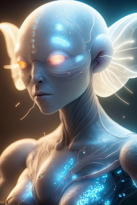 fantchar, a translucent ethereal alien with delicate features in a sci-fi setting, glowing from within, sparks and lights, moonlight, moon, close-up, realistic, highly detailed, intricate