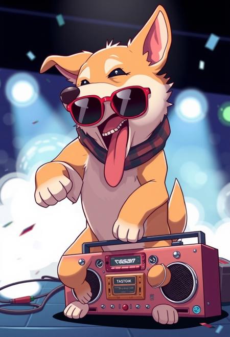 anime style, a dog break dancing with a boom box,