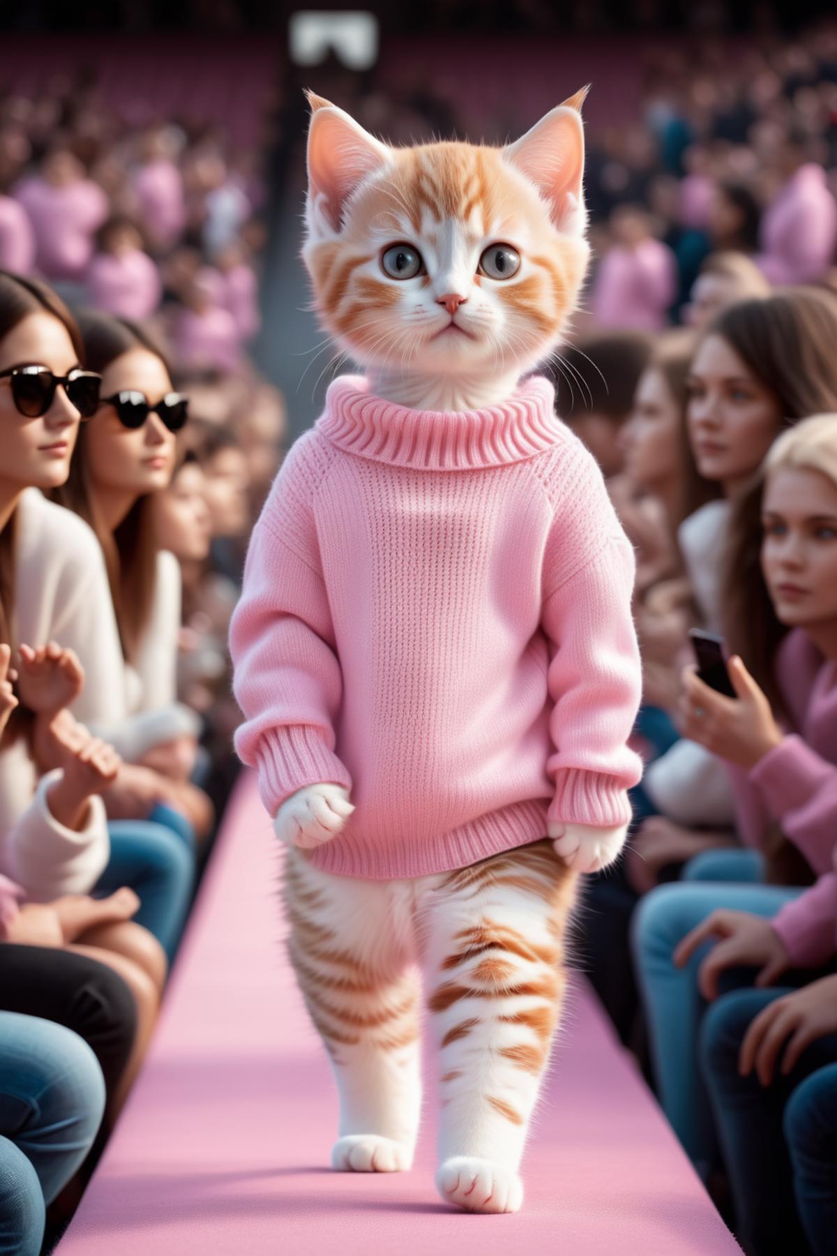 Orange Tabby Cat Modeling a Pink Sweater on a Runway with an Audience Watching