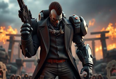 Generate a 4K resolution, trending on ArtStation, masterpiece featuring a close-up of a Raygun gothic mecha on a Blackwing - Boobytrap background. Incorporate a dark brown duster, rugged blazer, and a sarcastic pose with a pistol. Ensure the character has a mohawk and khakis, with finely detailed textures and dynamic volumetric lighting, subsurface scattering and unreal engine capabilities are used.
 The character should be in a mid-shot pose with an epic battle background. Incorporate a portcullis with mottling coloring. Ensure the background is an authentic Blackwing - Boobytrap groundscape with raw sienna editor’s pickup color. The final piece should be a masterpiece trending on ArtStation with a detailed, realistic aesthetic.