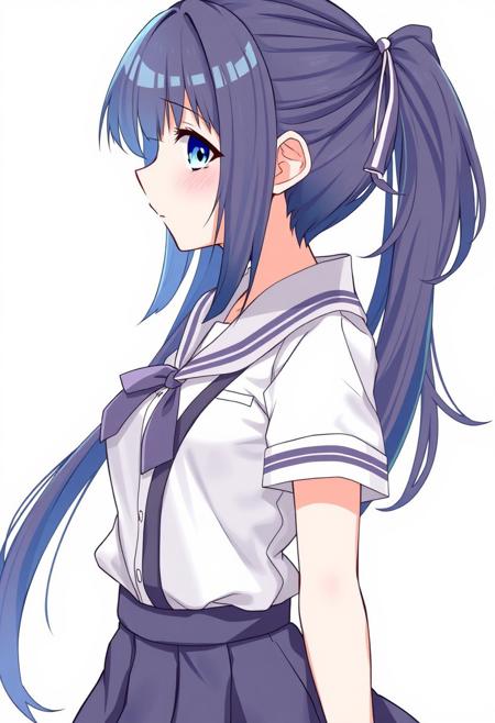 1girl, Angela White, solo, tokyo-3 middle school uniform,  shirt, short sleeves, suspender skirt, neck ribbon,, ultra detailed, masterpiece, best quality, aesthetic, detailed,