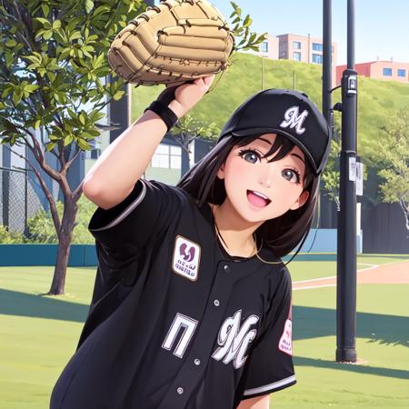 best quality, ultra-detailed, illustration,
chibalotteV, baseball cap, baseball uniform, black shirt,
1girl, solo, glasses, black hair, long hair, standing,  outdoors, street, city, cityscape, happy, laughing, smile, upper body, looking at viewer, 
<lora:Chiba_LOTTE_MARINES_Visitor_uniform_SD15_V1:1>