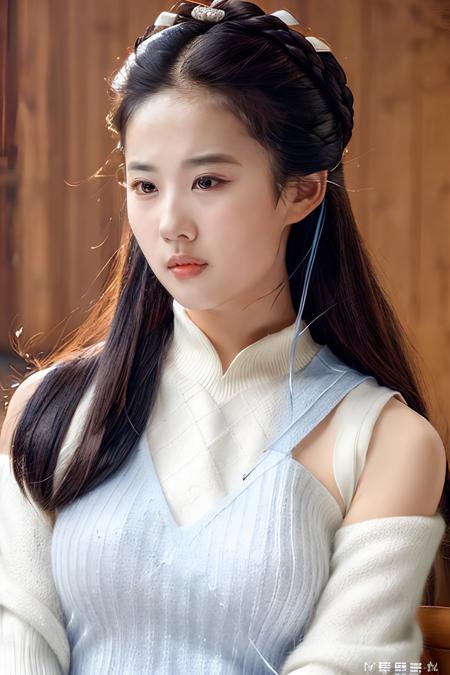 <lora:liuyifei_dragon_mj7_2:0.6>,photorealistic,realistic,masterpiece,best quality,ultra-detailed,crystallize,feather,liuyifei,Long eyelashes, upper body, softly smile, off shoulder, blue sweater vest,,<lora:add_detail:0.6>, <lora:epi_noiseoffset2:0.6>