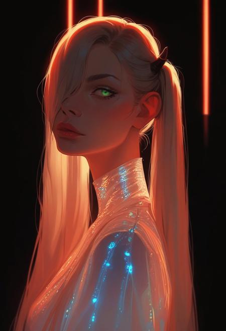 score_9, score_8_up, score_7_up, score_6_up,score_5_up, closeup, portrait, detail,
(1girl:1.2), Frieren, very long hair,blonde hair,hair over one eye,one eye covered,twirl horns, silver and blonde hair, (laser light clothes:1.3), (glowing dress:1.3), twintails, (((turns to the viewer, the view from the back))), (perfect face:1.1), green eyes,glittering, onyx dress, from side, profile, intricate complexity details, dark background