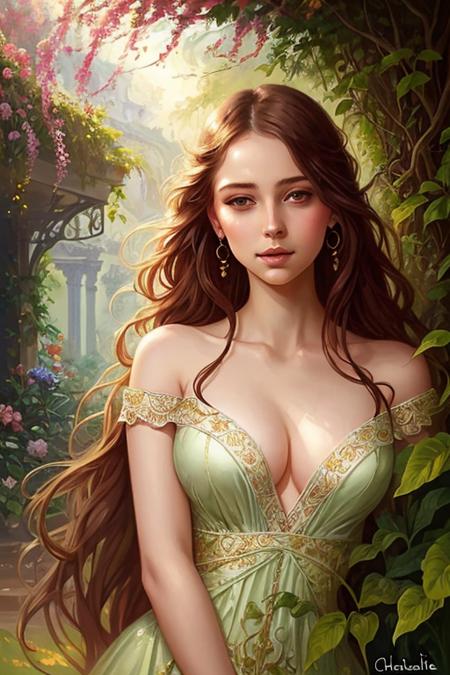 A radiant art portraying a young woman amidst a lush garden by Charlie Bowater