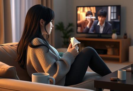 A side view of a young woman watching a profound drama movie on her TV in a cozy living room, depicted in a highly detailed, realistic 3D digital illustration style. She sits comfortably on a plush couch, her legs curled up beneath her, wearing a cozy sweater and leggings. Her long black hair cascades over her shoulder as she leans slightly forward, engrossed in the flickering images on the screen. She's holding a crumple tissue paper in her perfect hand. The room is softly illuminated by the TV's glow, highlighting the gentle contours of her face and casting warm shadows that enhance the inviting atmosphere.  A coffee table in front of her holds a mug, couple of items, adding to the lived-in, homely feel of the scene.