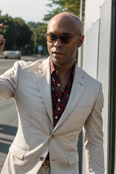 photo of LReddick road rage, action, dynamic pose, wearing dark sunglasses, man, white suit with red flower pattern, bald, (masterpiece:1.2), best quality, high quality, (absurdres:1.2), realistic, UHD, ultrarealistic, 50mm <lora:LanceReddick-01:1.0>