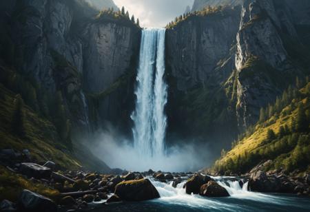 (((Incredibly Beautiful Huge Mountain Waterfall))). highly detailed and hyper realistic photo, by Alena Aenami , by Archibald Thorburn , by Daniele Afferni , limited dark palette, unusual dark colors, faded colors, atmospheric haze, highly dramatic cinematic lighting, motion blur, film grain,  professional, excellent composition, finest details, maximized details, ultimate detail level, masterpiece, best quality
