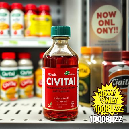 On an old supermarket shelf there is a bottle of a miracle medicine with the name "CIVITAI" with the subtitle "Take one and you will make perfect pictures" in small letters "it might not work" with a flashy advertisement that says "now only 1000BUZZ"